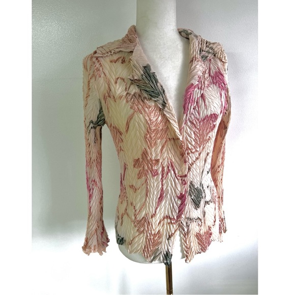 Komarov Blush Pink Crinkle Pleated Blouse Velvet Floral Burnout Plaque Romantic - Picture 4 of 16